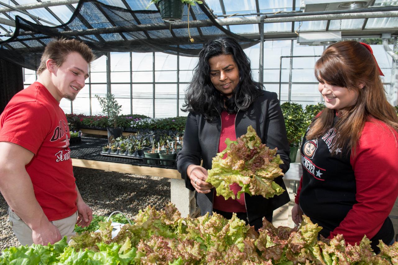 Instructor with students in greenhouse