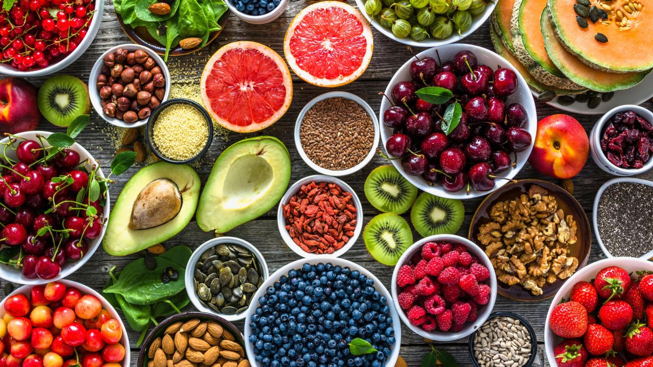 Different nutritious foods on a table